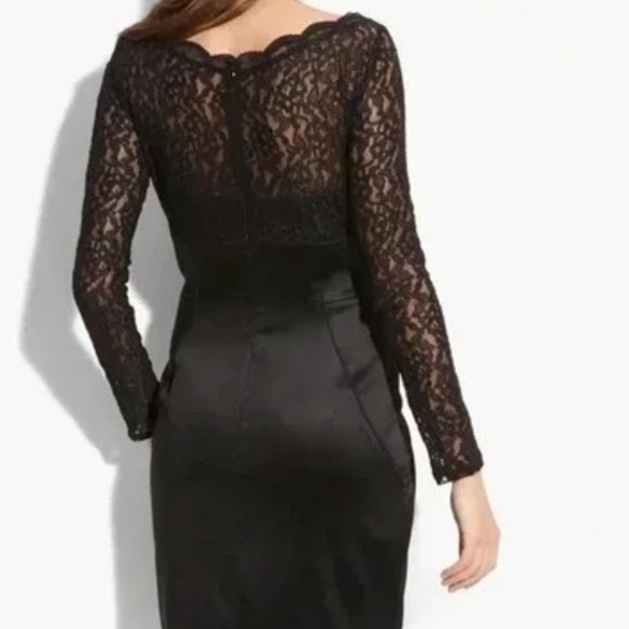 Maggy London Black Stretch Satin and Lace Long Sleeve Dress 12 - Picture 2 of 6